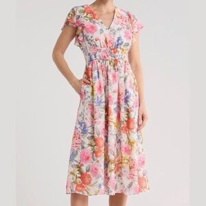 Eliza J Floral V-Neck Midi Dress